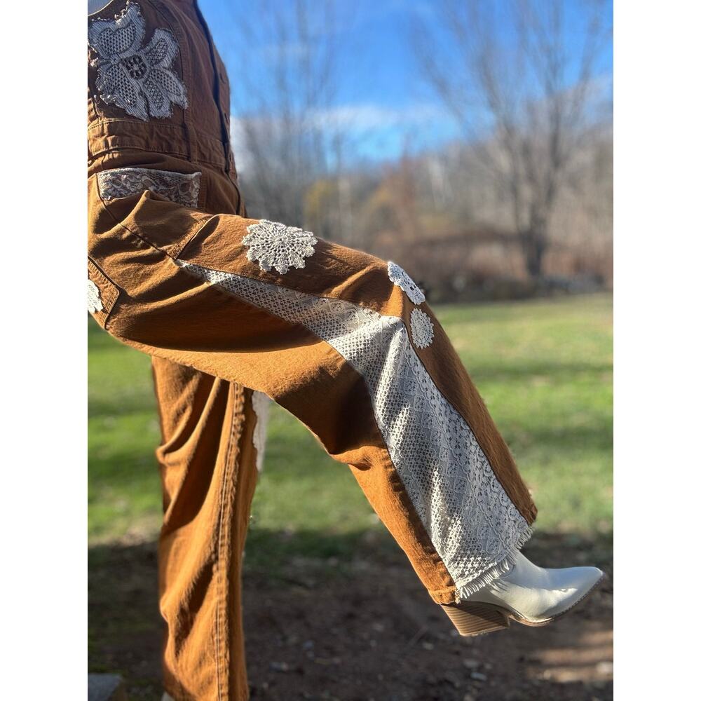 Up-cycles by Ckay | Hand Sewn Lace & Crochet Patchwork Flare Overalls - Picture 4 of 8